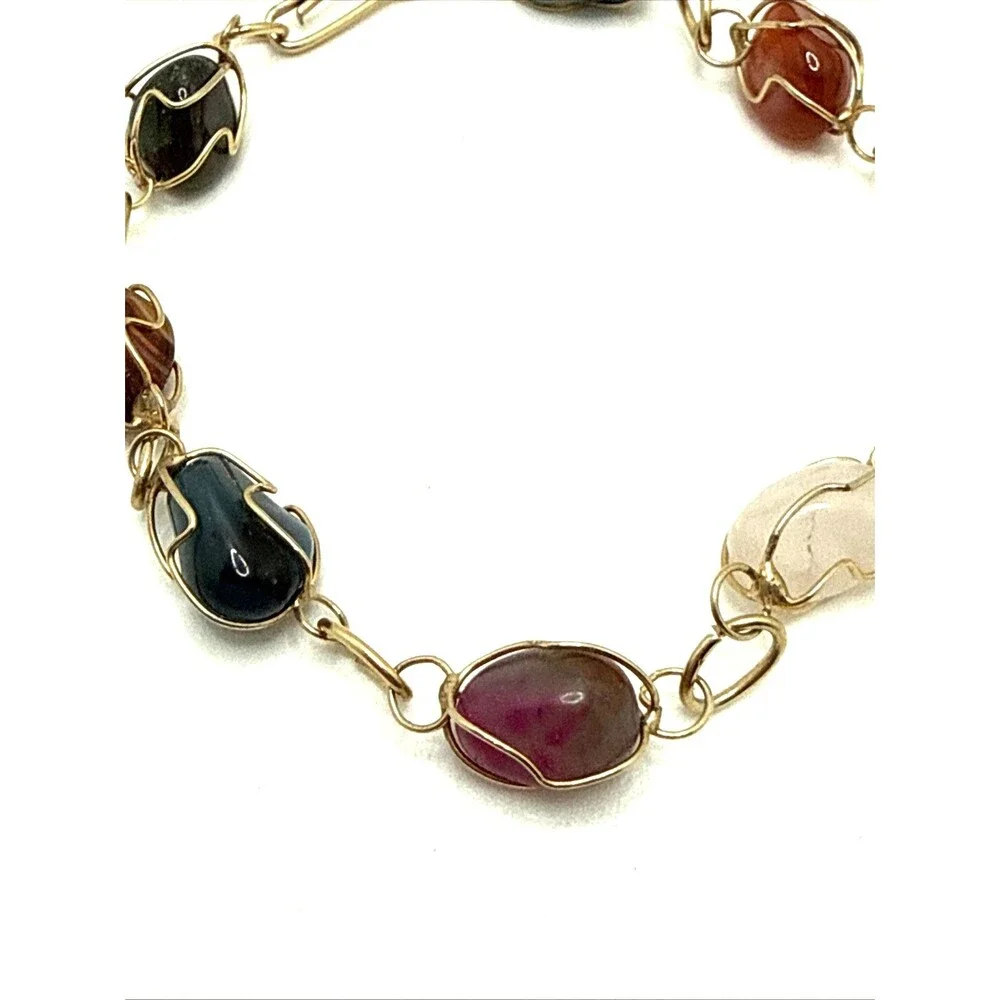 Vintage Wire Wrapped Natural Stone Bracelet Multicolor Cased Polished Boho 7.5